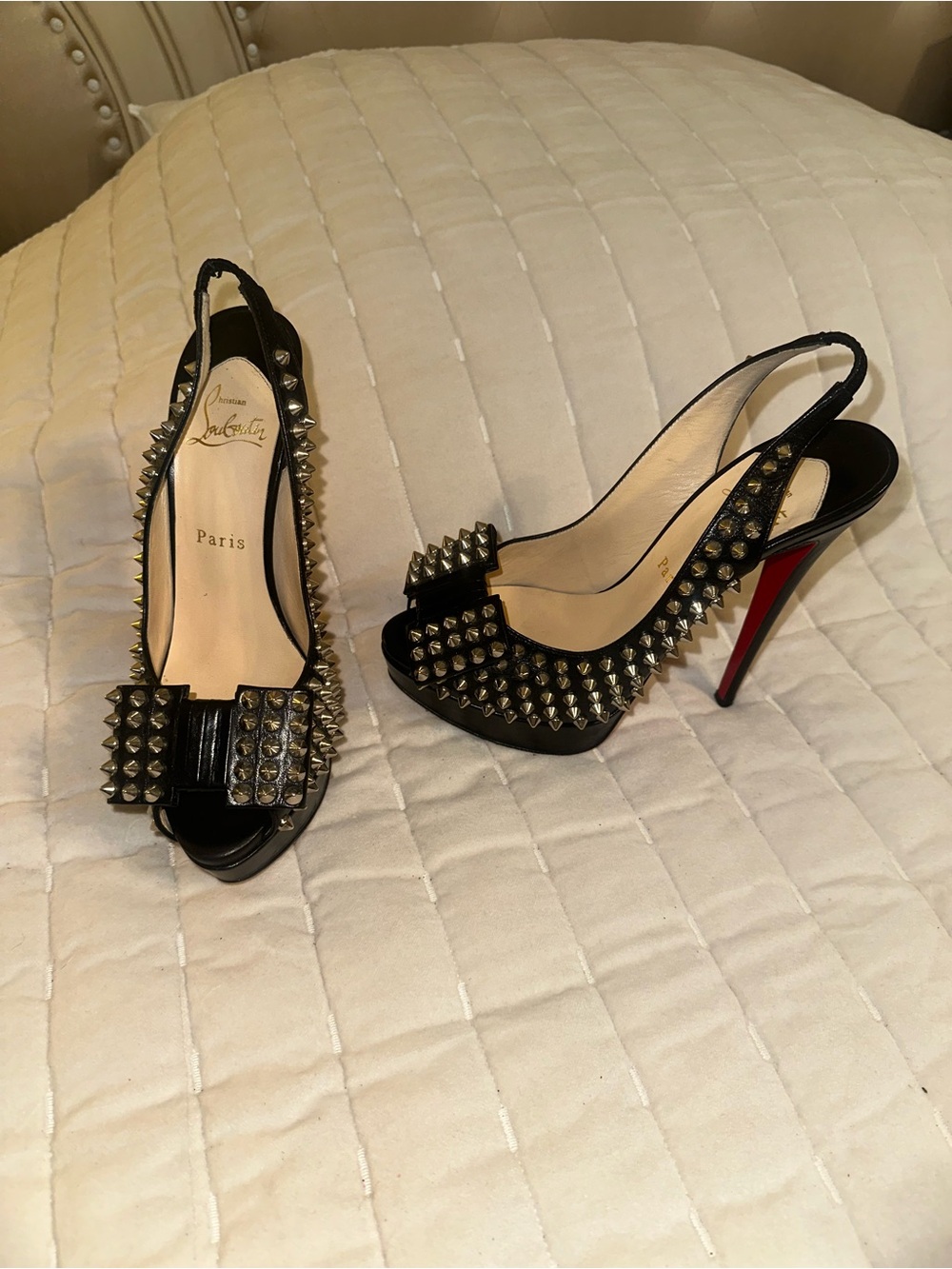 Christian Louboutin Clou Noeud Studded Slingback Peep-Toe Heels 38 (US 8)